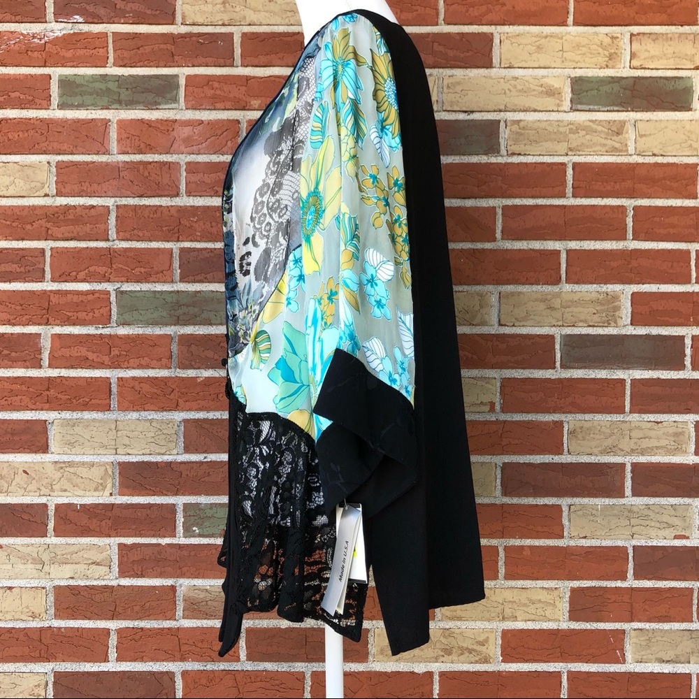 👘 NWT Vintage Spencer Alexis Asian Inspired Silk Lace Black Blue Kimono Jacket - Picture 9 of 16